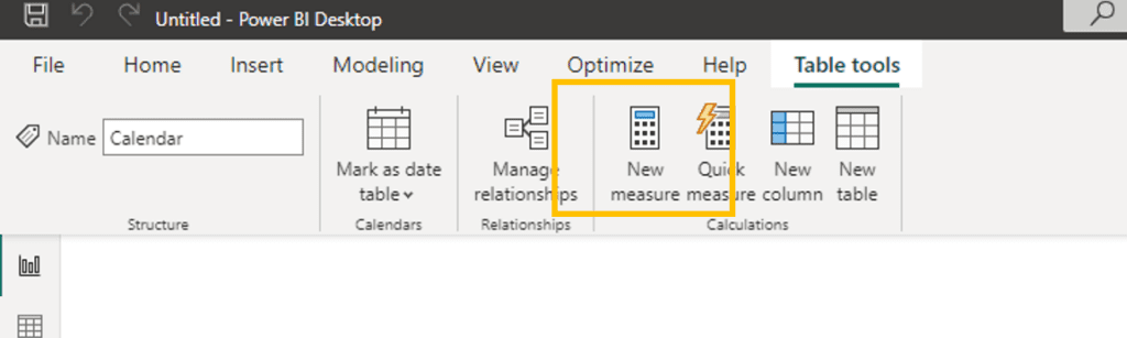 Screenshot of the create new measure button in Power BI for a new DAX formula.