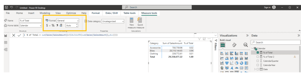 Screenshot of the format percentage and decimal places for your new calculated percentage of total measure