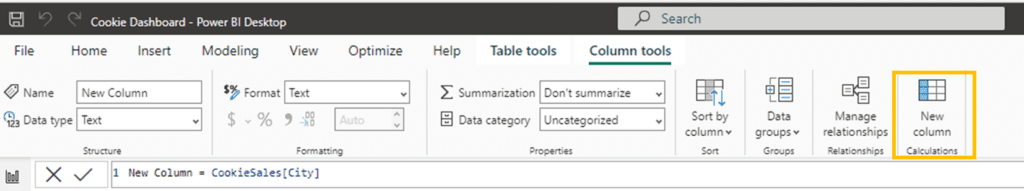 Screenshot of creating a New Column from an existing column in Power BI using DAX Formulas