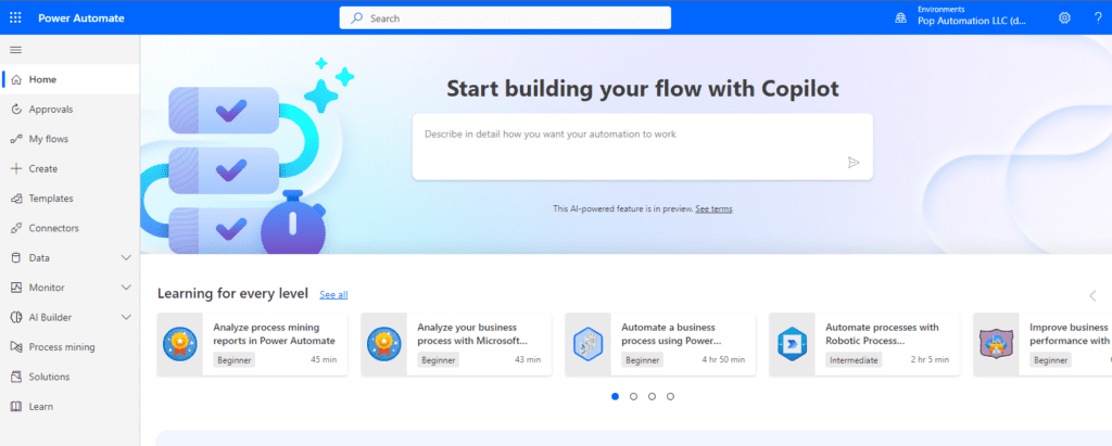Screenshot of Copilot in Power Automate