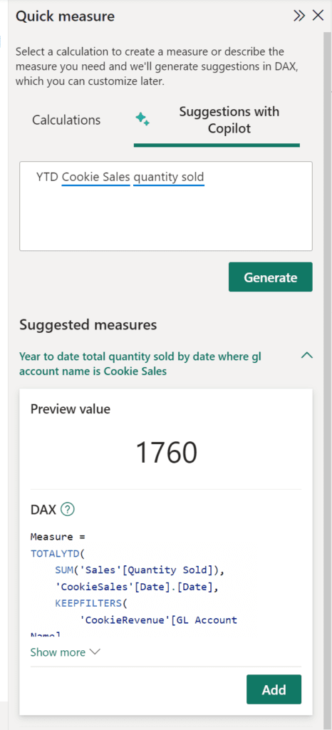 Example of using Suggestions with Copilot to generate Power BI DAX Measures