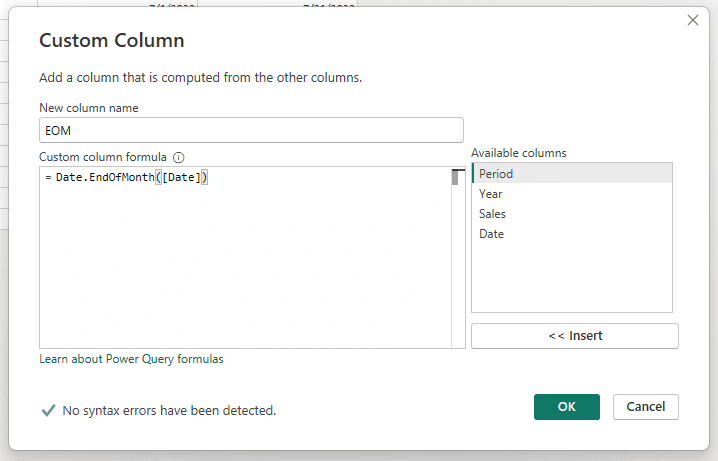 Use the Power Query DATE.ENDOFMONTH formula to create a column with the last day of the month