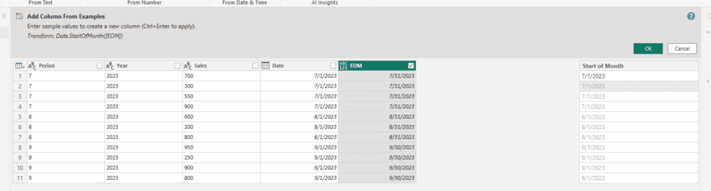 Calculating the first day of the month using a Power BI Custom Column using AI