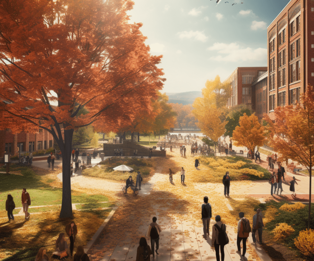 Picture of college students rushing between classes on a college campus. Productivity products are available on Amazon can boost productivity and get them some time back.