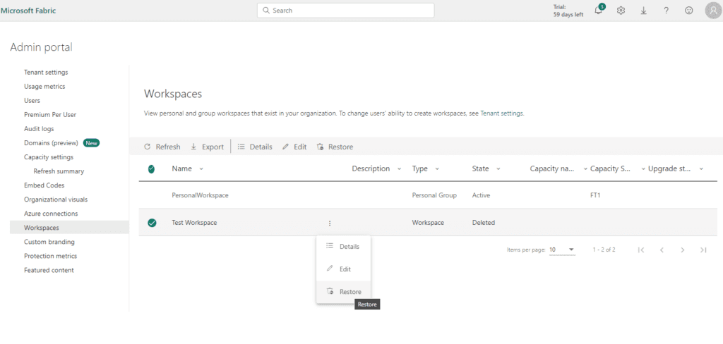 Screenshot of a Power BI admin restore a deleted workspace