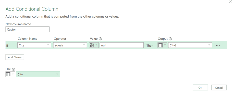Screenshot of the Add Conditional Column editor in Power Query