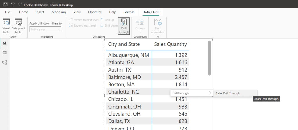Screenshot of the Drill through button in the Data / Drill section of Power BI Desktop