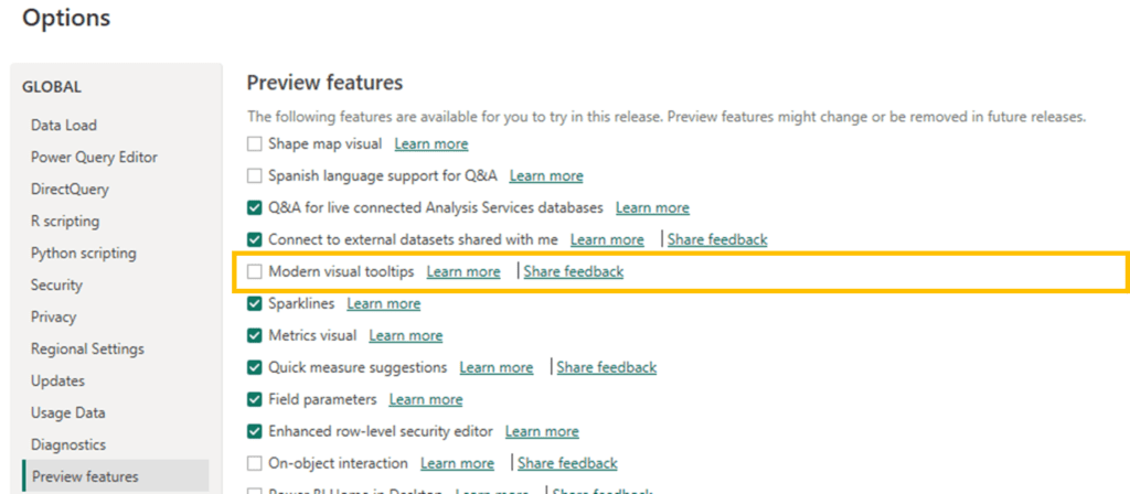 Enabling the preview option of modern visual tooltips in Power BI