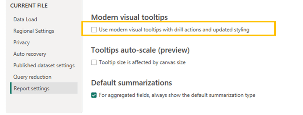Enabling modern visual tooltips for a specific report in Power BI Desktop