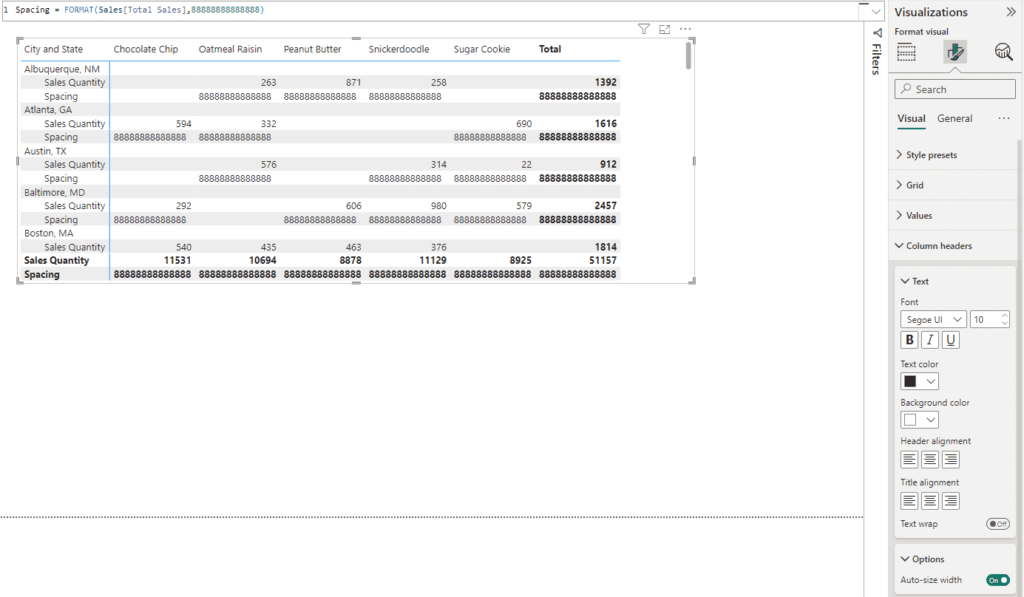 Example of using DAX measure to force column width to be equal in Power BI