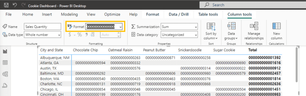 Screenshot of adjusting formatting to pad zeros