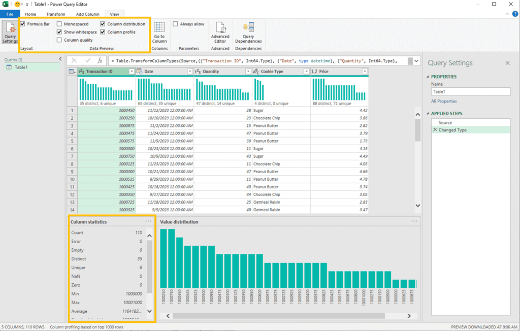 Screenshot of data profiling in Excel Power Query using the Data Preview options for Column Distribution and Column Profile