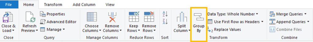 Screenshot of the Group By button in Excel Power Query