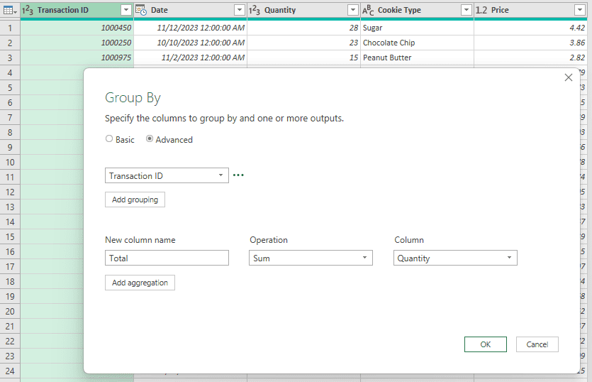 Screenshot of the Advanced Group By functions in Power Query Editor for Excel
