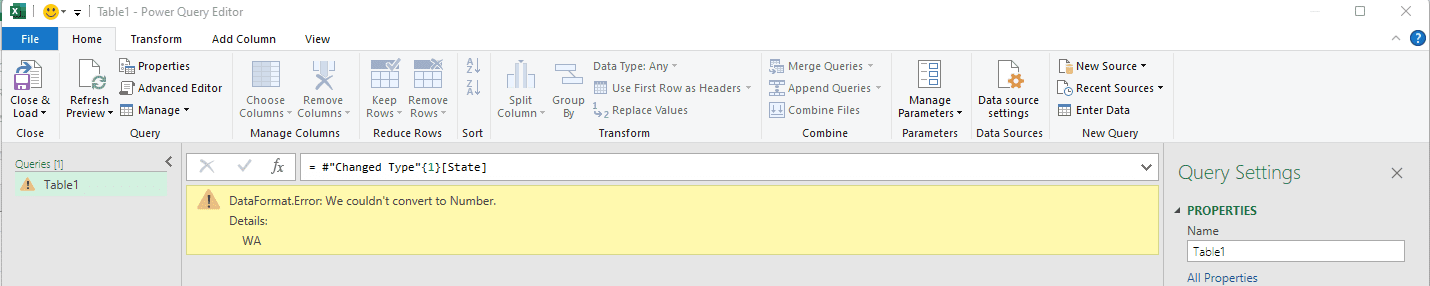 Screenshot of a couldn't convert to number error in Power Query