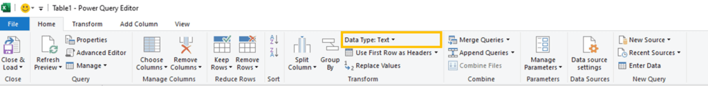 Screenshot of the Data Type button on Excel Power Query Ribbon