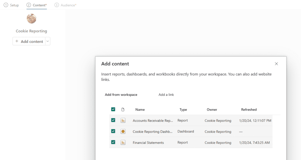 Adding reports and dashboards to a Power BI app from a workspace