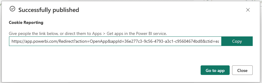 Screenshot of publishing a Power BI App based on URL