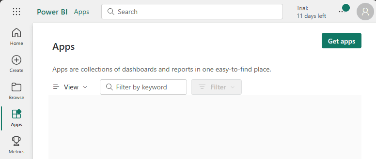 Use the Get Apps button in Power BI to add apps to an account