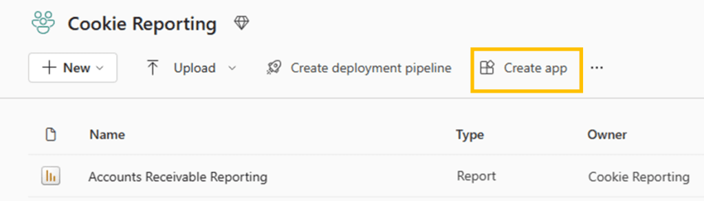 The create App button on the Power BI Service in a workspace