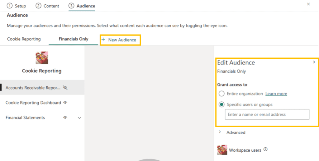 Adding a new audience to a Power BI app, managing which reports and dashboards they can see, and managing which users are in the audience