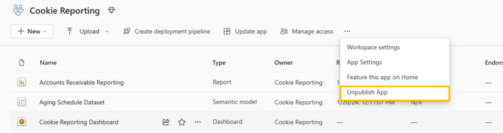 How to unpublish or delete a Power BI app from the workspace screen