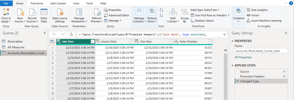 Screenshot of a Power Query dataset that contains multiple columns of dates