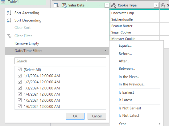 Conditional filtering in the standard filtering menu of Power Query