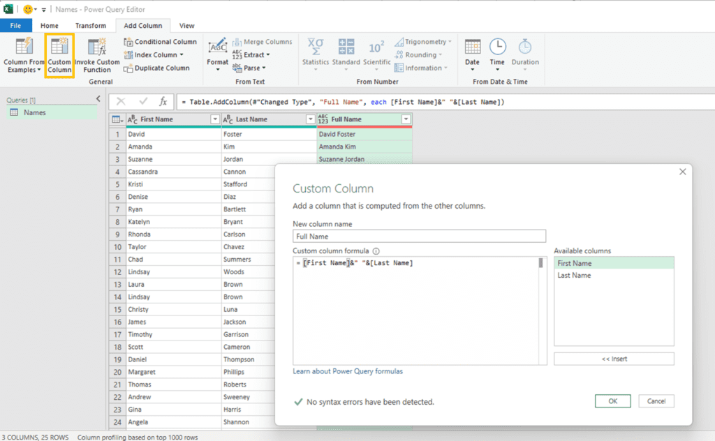 Example of a Custom Column in Power Query being created to combine two columns with a space in between