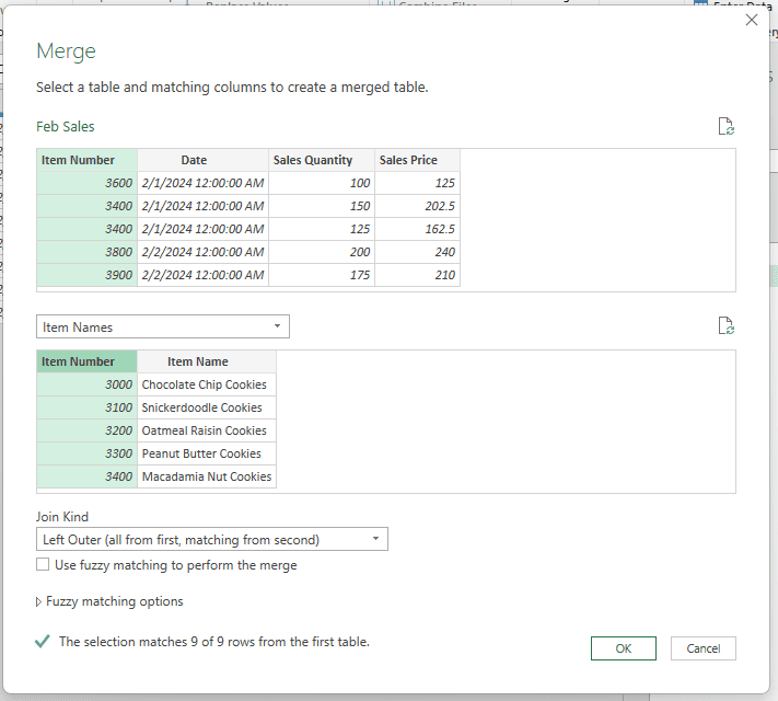 The Merge Queries editor with common columns selected and a Left Outer Join Kind