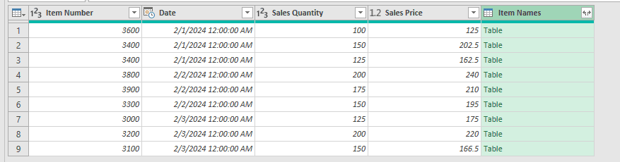 Screenshot of joined tables with the newly added columns collapsed