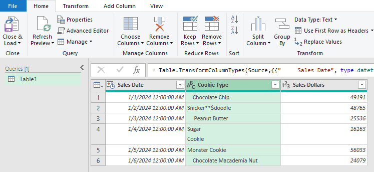 Example of Power Query importing data and automatically adjusting the data type which cleans up some whitespace