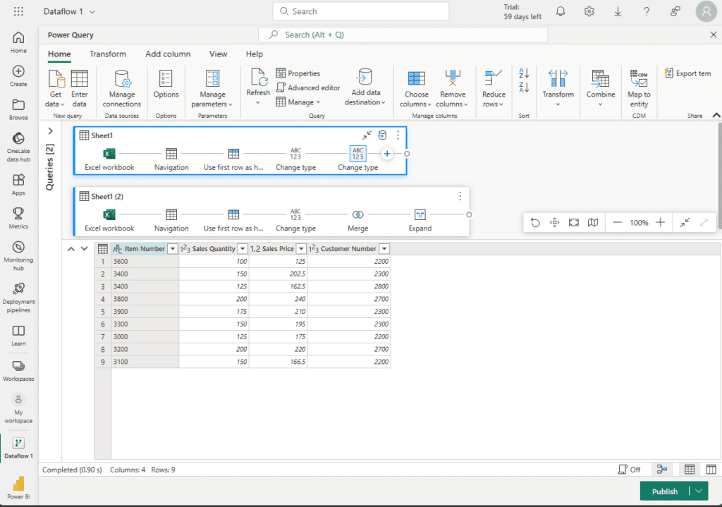 Example of the Power Query Online Interface used in Microsoft Fabric Data Flows Gen 2 for ETL processes and Data Factory