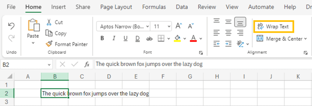 The wrap text button from Excel Online in the Home Tab of the Excel Online Ribbon