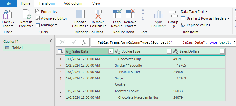 Example of converting data back to text where the underlying whitespace becomes visible for the Power Query user