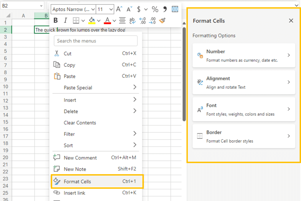 The Format Cells panel of Excel Online for advanced format options