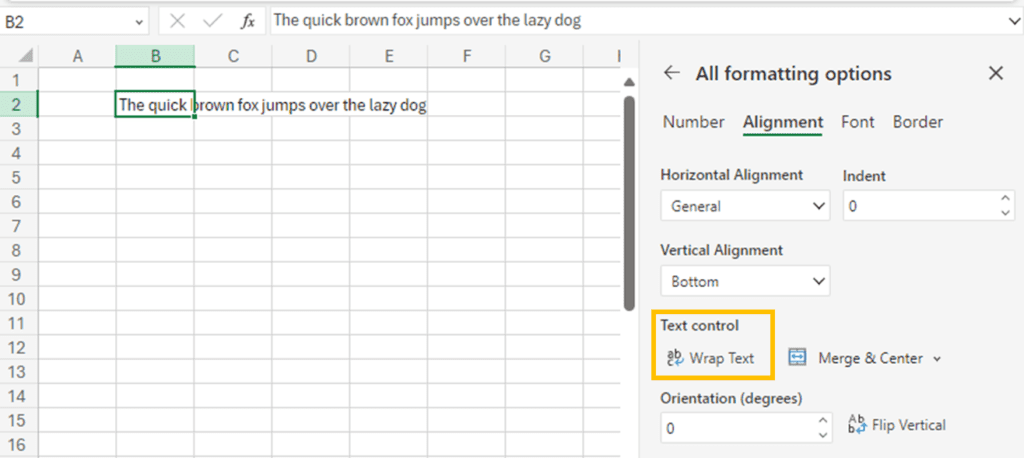 Wrap text under advanced format options in Excel Online