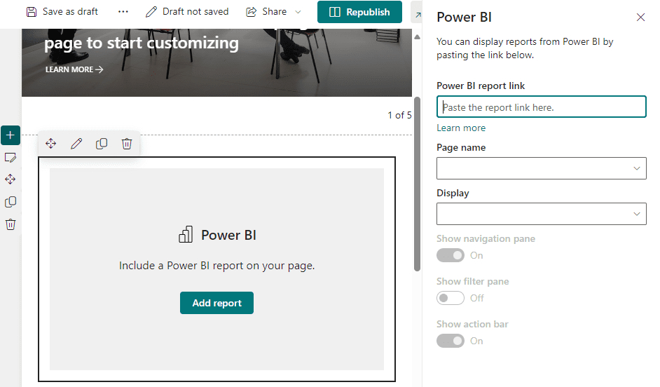 Example of the Power BI Web Part options after adding it to a SharePoint site