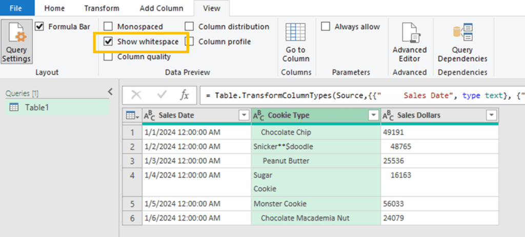 Power Query with Show Whitespace enabled