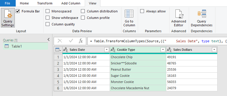 Power Query with Show Whitespace disabled