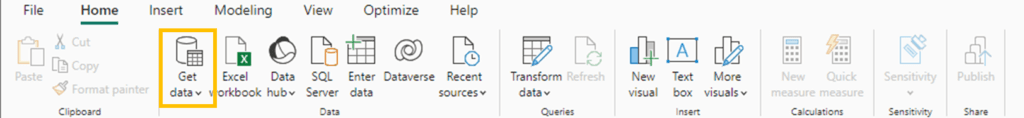 The Get Data button in the Power BI Ribbon