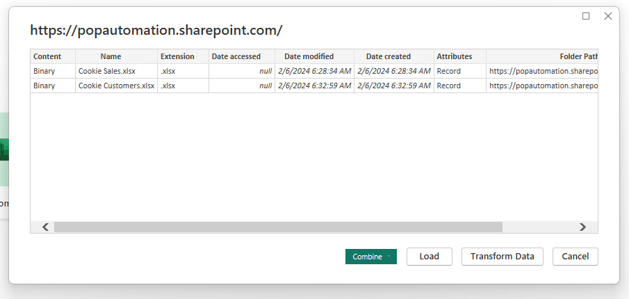 Load or Transform data with a list of files available on a SharePoint site
