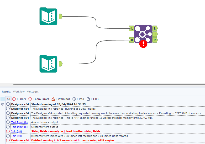 String fields can only be joined to other string fields Alteryx error message