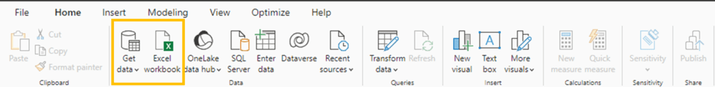 The Import Excel Workbook and Get Data buttons in Power BI to import Excel workbooks