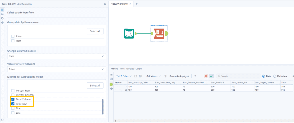 Using a Cross Tab tool to calculate row and column totals automatically when pivoting the data