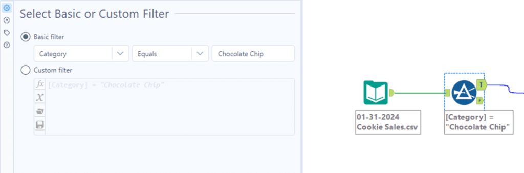 Screenshot of configuring a Filter Tool in as part of a larger Alteryx workflow