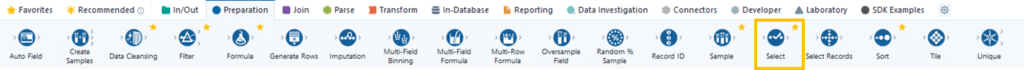 Where to find a Select Tool in the Alteryx Preperation section