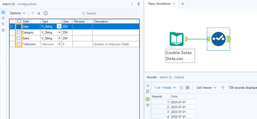 Selecting and de-selecting columns using a Select Tool