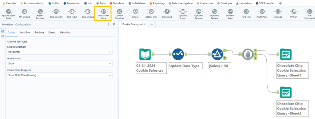 How to use a Block Until Done Tool in Alteryx to write to multiple tabs of the same Excel file
