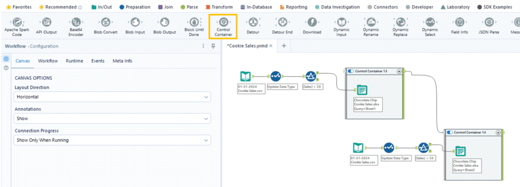 How to configure and use Control Containers to sequence Alteryx Workflow Outputs to avoid errors